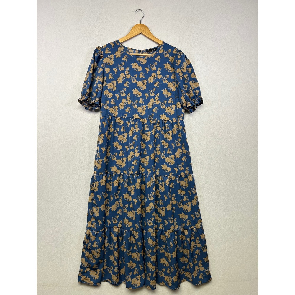Cottagecore Boho PrettyGarden Womens M Blue Floral Tiered Puff Sleeve Midi Dress